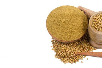 Coriander powder with coriander seeds.