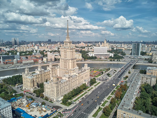 Hotel Ukraine and Moscow City business complex in Moscow, Russia. Aerial drone panoramic view