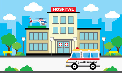  Medical concept with hospital buildings and ambulances in a smooth style