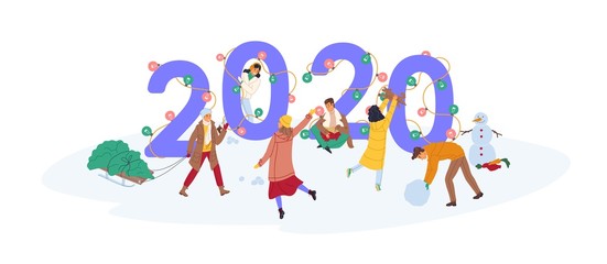 Fototapeta premium Group of cute happy tiny people celebrating New Year, carrying spruce tree and making snowman near giant 2020 number decorated by festive light bulb garland. Holiday flat cartoon vector illustration.