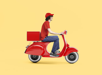 Fototapeta na wymiar Delivery man with scooter background concept.