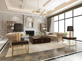 3d rendering luxury and modern living room with bookshelf