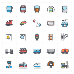 Icon set – train and transport full color vector illustration