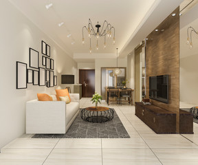 3d rendering modern dining room and living room with luxury decor