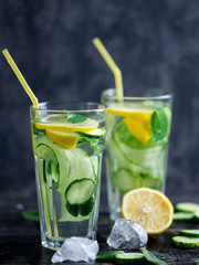 Summer cucumber lemonade with lemon and mint. Cold drink lemonade