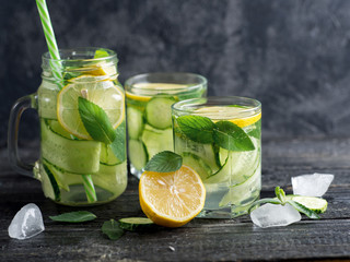 Summer cucumber lemonade with lemon and mint. Cold drink lemonade