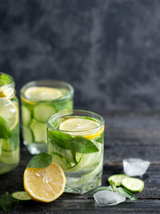 Summer cucumber lemonade with lemon and mint. Cold drink lemonade