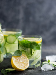 Summer cucumber lemonade with lemon and mint. Cold drink lemonade