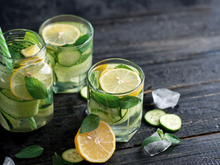 Summer cucumber lemonade with lemon and mint. Cold drink lemonade