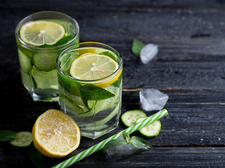 Summer cucumber lemonade with lemon and mint. Cold drink lemonade