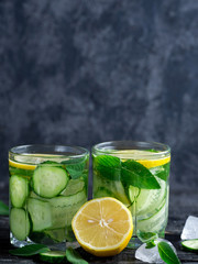Summer cucumber lemonade with lemon and mint. Cold drink lemonade