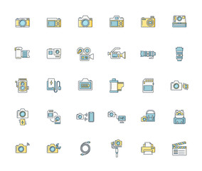 Filled or line color design icon set of photography camera, cinema or movie camera, action camera and accessories concept..