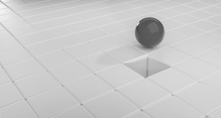 grey sphere in white background with cube and a square hole