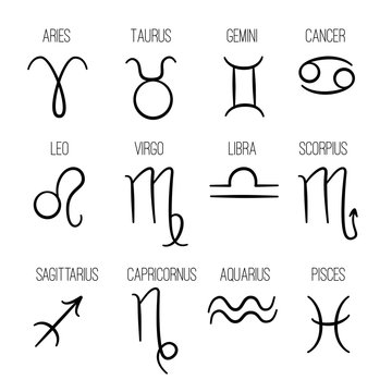 Zodiac signs. Astrological hand drawn horoscope icons vector collection fishes virgo lion cancer aries gemini logos template. Horoscope astrology set sign, zodiac virgo and cancer illustration