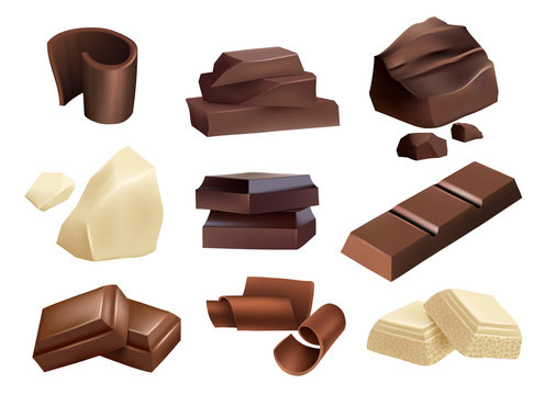 Chocolate. Sweets dessert parts of black and white chocolate vector realistic collection. Chocolate piece dark, food dessert, sweet realistic snack illustration