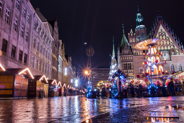 Christmas fair in Wroclaw at night. Poland