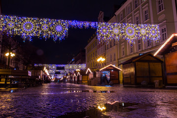 Christmas fair in Wroclaw at night. Poland