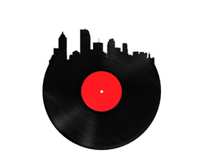 vinyl record in the shape of a city 3D render on a white background