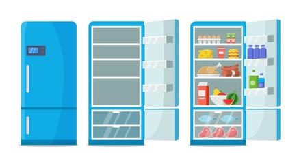 Flat fridge vector. Closed and open empty refrigerator. Blue fridge with healthy food, water, meet, vegetables. Illustration fridge with food or shelf empty