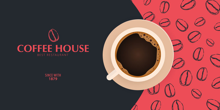 Cup Of Coffee. Sketch Banner With Coffee Beans And Leaves On Colorful Background For Poster Or Another Template Design.