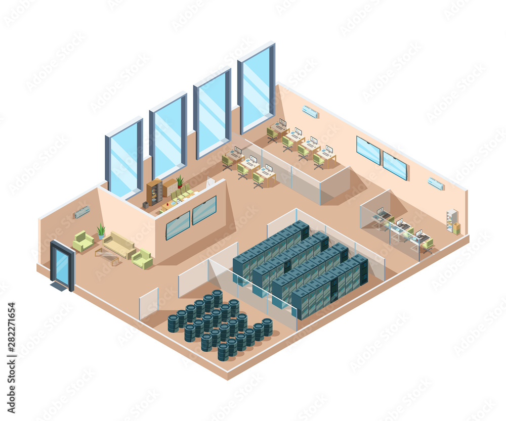 Poster data center. computers server rooms interior cooling generators battery containers industrial data c
