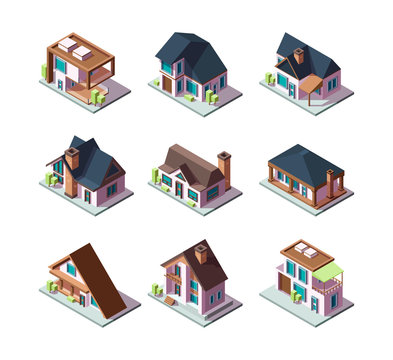 Private Modern Houses. City Residential Models Of Buildings Miniature 3d Low Poly Vector Isometric Illustrations. Building 3d, Town Private, House Cottage