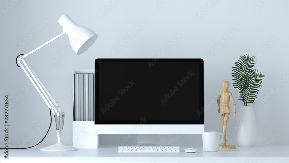 Leinwandbilder office devices mock up element computer with white table lamp is on the table in front white wall ,o