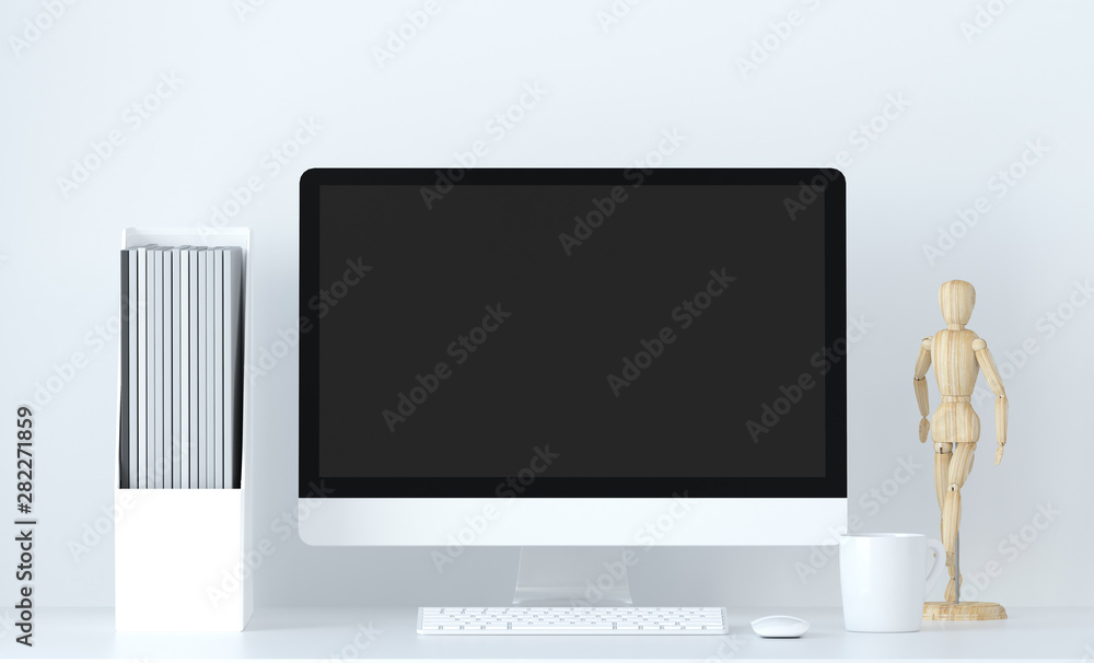 Fototapete office equipment mock up element computer is on the table in front white wall ,objects 3d rendering 