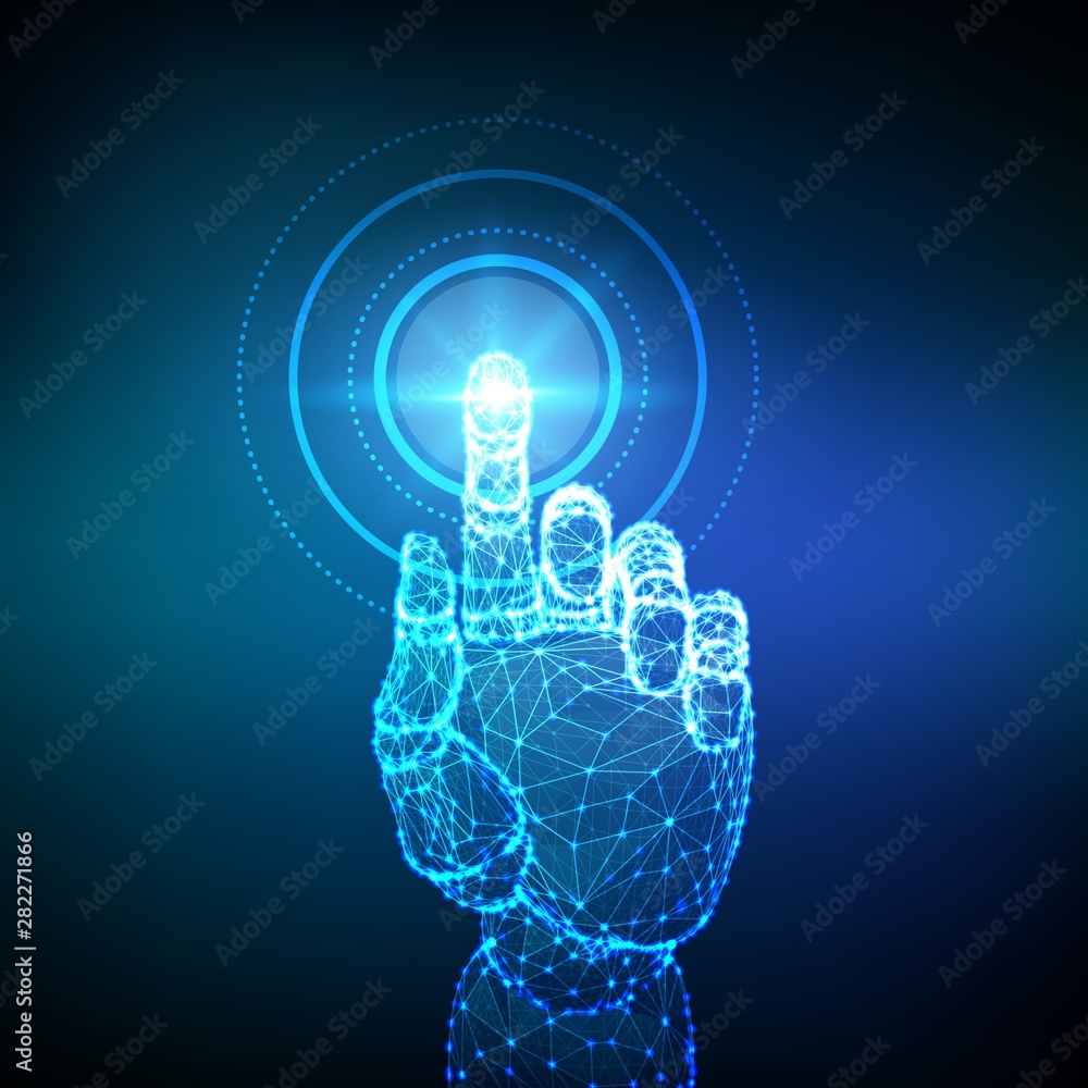Poster robotic hand touching digital interface. virtual reality. touch the future low poly wireframe. conce
