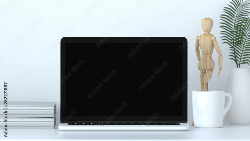 Fototapete office equipment mock up element notebook is on the table in front white wall ,objects 3d rendering 