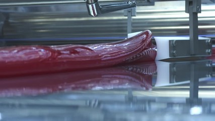 Manufacture of caramel candies. making lollypop. Production of caramel sweets. Lollipops on the production line. Long caramel mass.