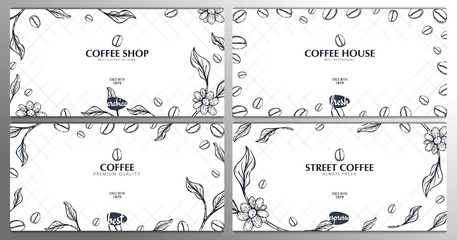 Set of Coffee Sketch banners with coffee beans and leaves for poster or another template design.