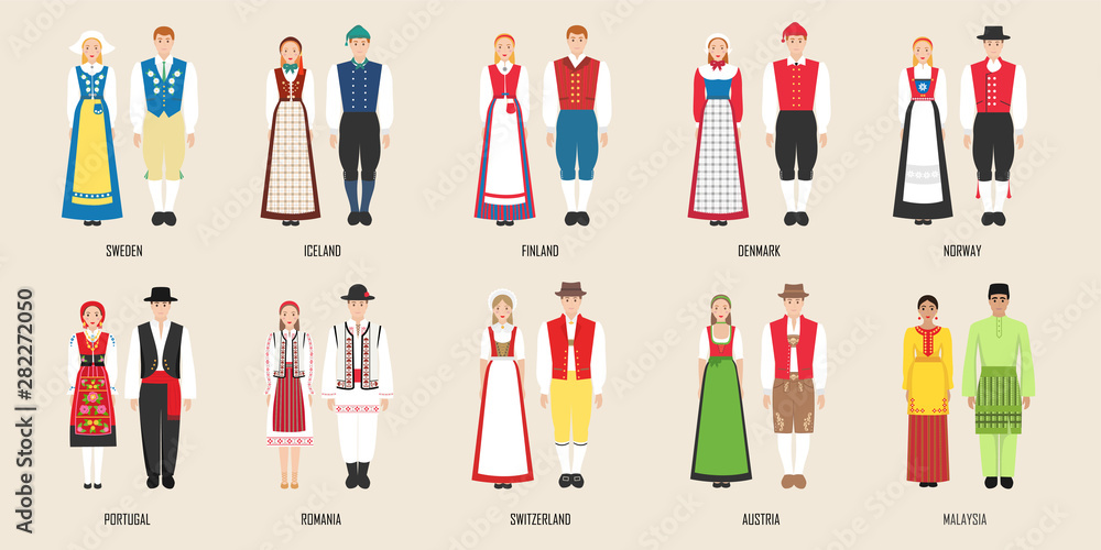 Wall mural National costumes of Sweden, Iceland, Findland, Denmark, Norway, Portugal, Austrai, Romania, Switzerland, Malaysia. Vector illustration