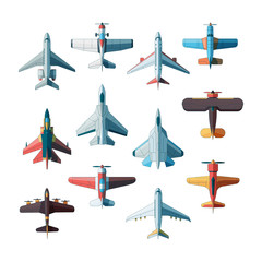 Planes top view. Jet military aircraft vector flat pictures isolated. Illustration aircraft and jet military, plane fighter, transportation aeroplane - obrazy, fototapety, plakaty