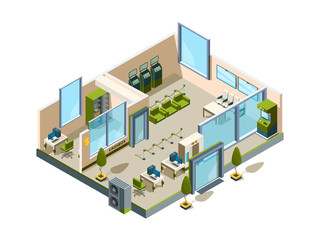 Fototapeta premium Bank isometric. Modern building interior office open space banking lobby service room for managers vector 3d low poly. Illustration isometric bank interior, office business service