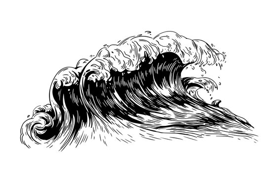 Monochrome drawing of sea or ocean wave with foaming crest. Oceanic storm, tide, seawave hand drawn with black contour lines on white background. Realistic vector illustration in vintage style.