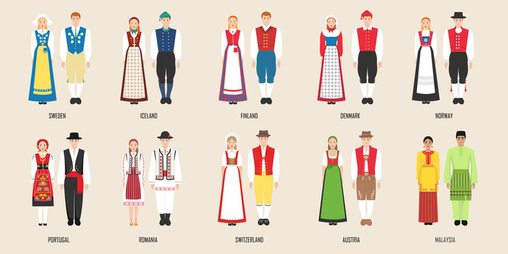 National costumes of Sweden, Iceland, Findland, Denmark, Norway, Portugal, Austrai, Romania, Switzerland, Malaysia. Vector illustration