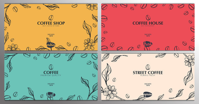 Set of Sketch banners with coffee beans and leaves on colorful background for poster or another template design.