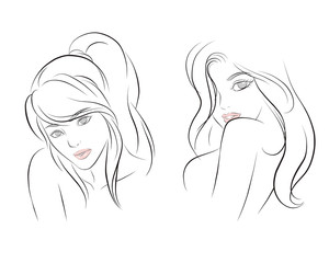 girl face long hair portrait isolated on white background. hand drawn vector illustration