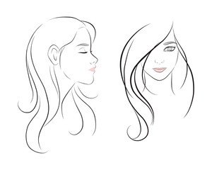 girl face long hair portrait isolated on white background. hand drawn vector illustration