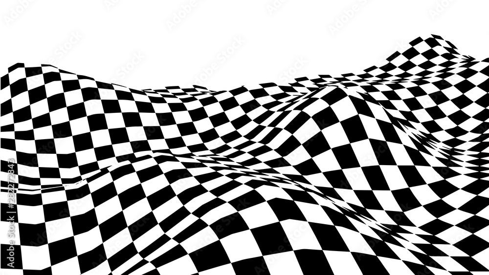 Poster optical illusion wave. chess waves board. abstract 3d black and white illusions. horizontal lines st