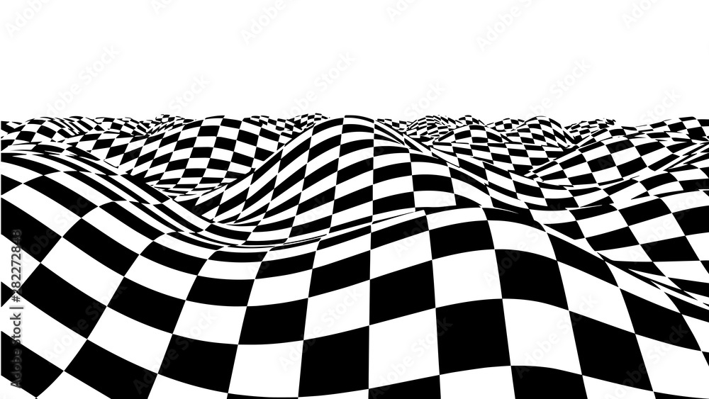 Poster optical illusion wave. chess waves board. abstract 3d black and white illusions. horizontal lines st