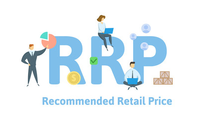 RRP, Recommended Retail Price. Concept with people, letters and icons. Colored flat vector illustration. Isolated on white background.