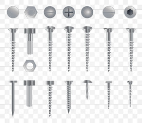Set of 3d realistic metal screws, stainless steel bolts, nuts, rivets and nails isolated onn a transparent background. 