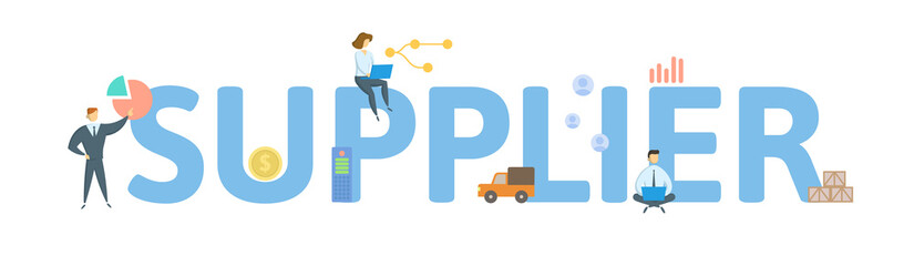 SUPPLIER. Concept with people, letters and icons. Colored flat vector illustration. Isolated on white background.