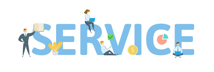 SERVICE. Concept with people, letters and icons. Colored flat vector illustration. Isolated on white background.