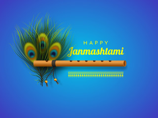 Happy Krishna Janmashtami background with bansuri and peacock feathers. Religious Hindu festival vector illustration of Lord Krishna.