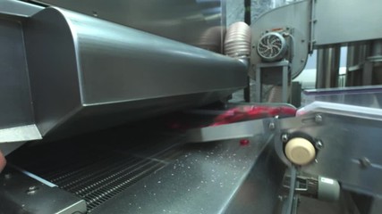 Manufacture of caramel candies. making lollypop. Production of caramel sweets. Lollipops on the production line. Long caramel mass.