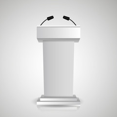 Gray stage stand or debate podium rostrum with microphones  for speaker. 3d realistic tribune  icons.