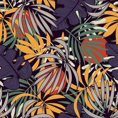 Abstract seamless pattern with colorful tropical leaves and plants on grey background. Vector design. Jungle print. Floral background. Printing and textiles. Exotic tropics. Summer design.